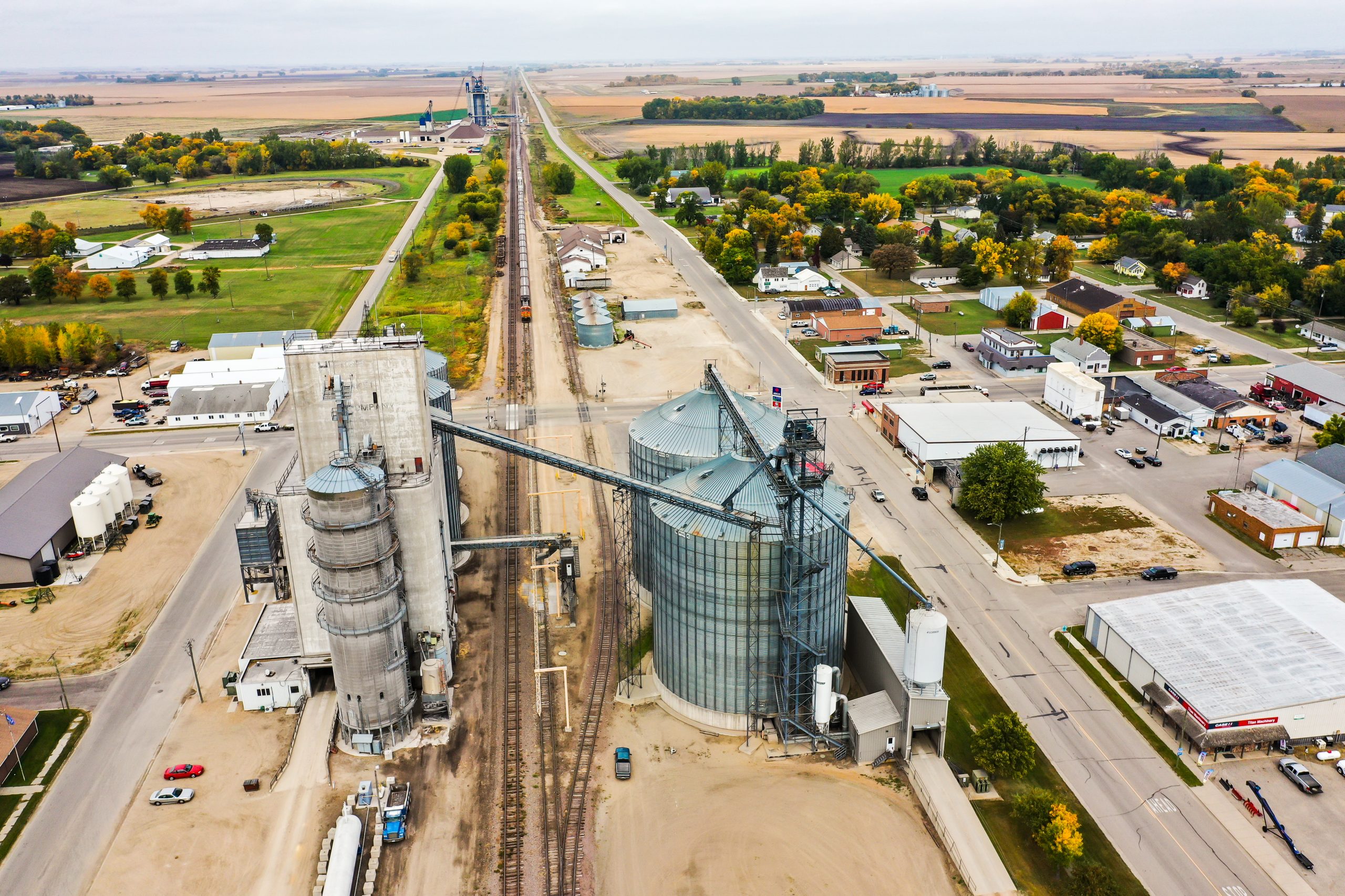 Aerial view of a grain elevator and surrounding countryside